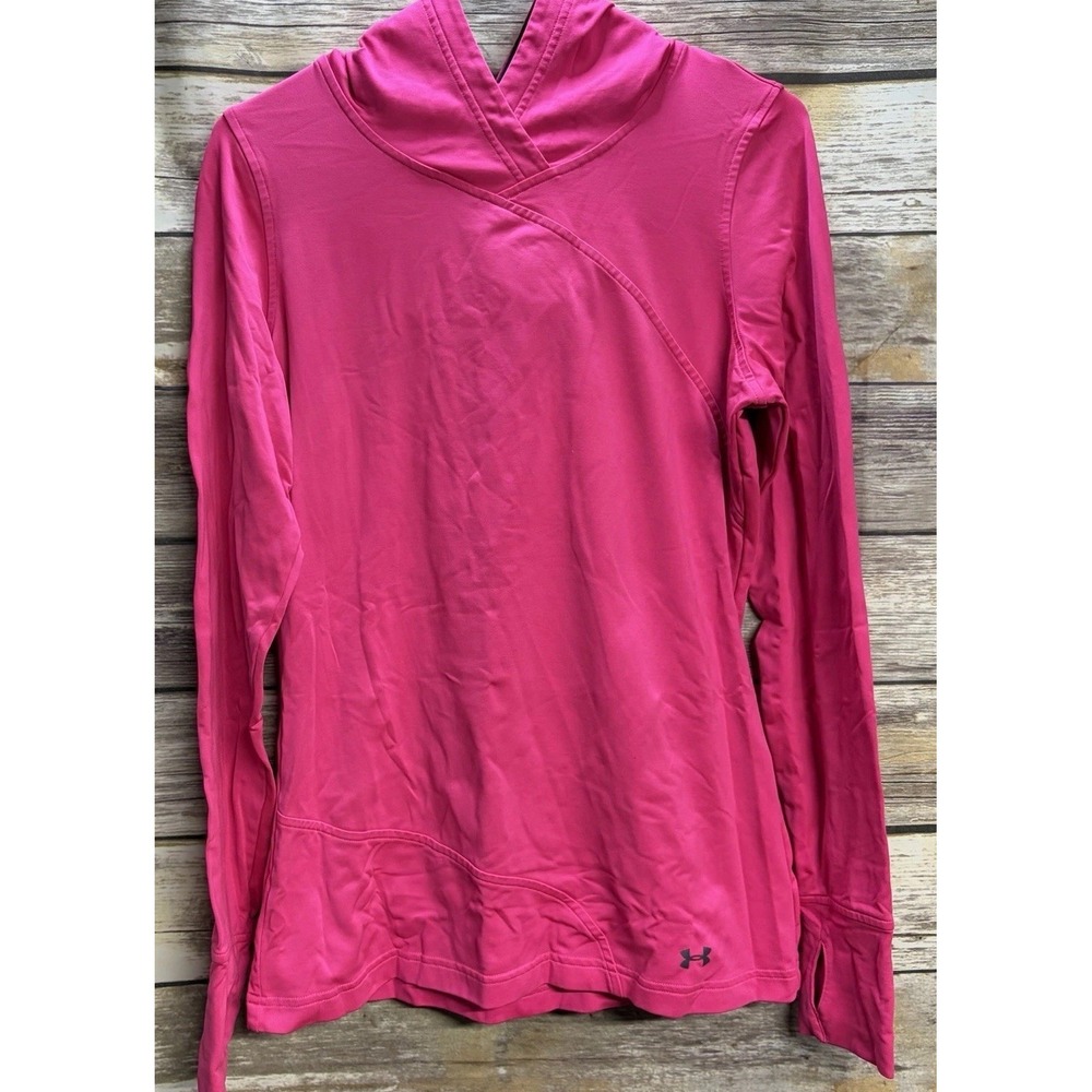 Under Armour Hoodie Womens Medium thumbhole Fitted Pink Coldgear Pullover nice!
